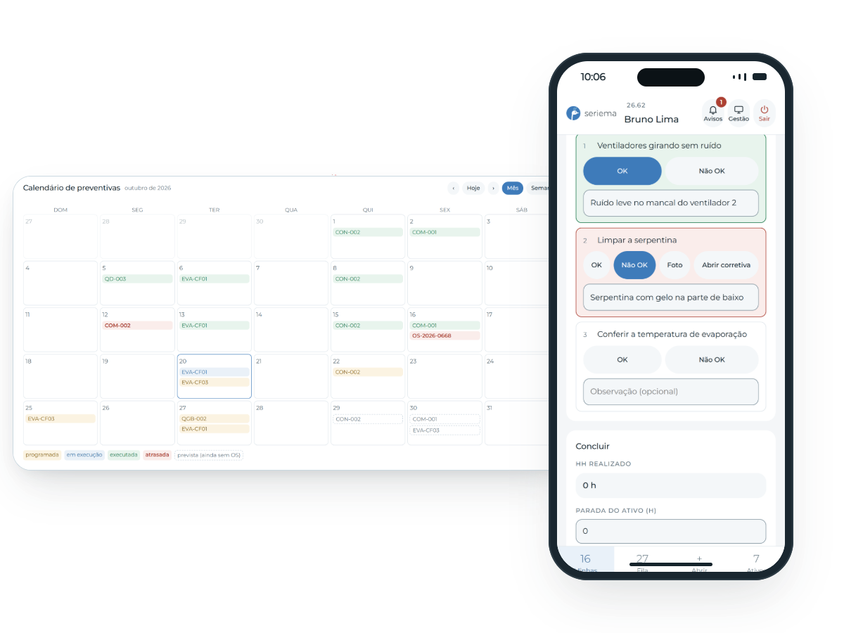 Calendário de preventivas do mês com as ordens executadas, programadas e atrasadas e, ao lado, o celular do técnico com o checklist: um item OK, um item Não OK com o botão Abrir corretiva